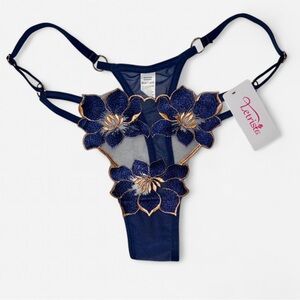 NEW Sheer Mesh Embroidered Floral Blue/Gold Thong - Medium
